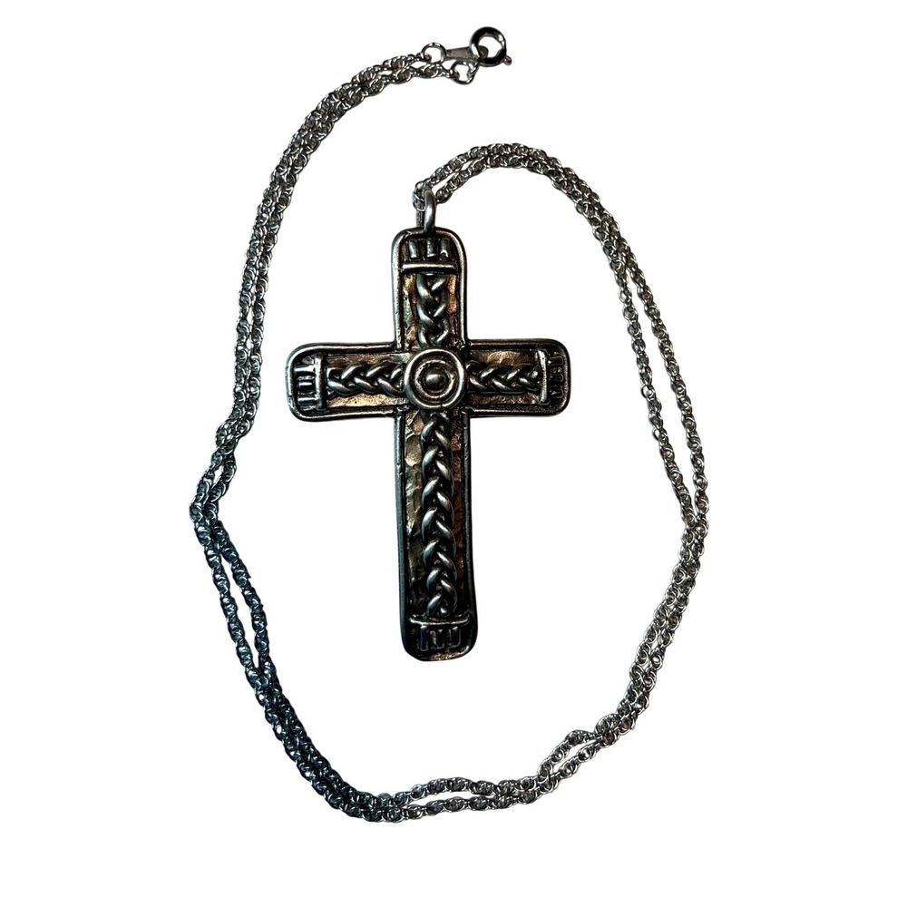 Marcie USA Cross Necklace Unisex 24" Silver Pewter Braided Hammered Excellent